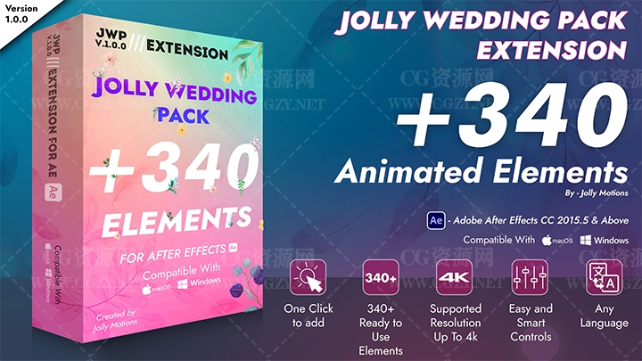 AE脚本|340个浪漫婚礼图形元素动画素材-Jolly Wedding Pack