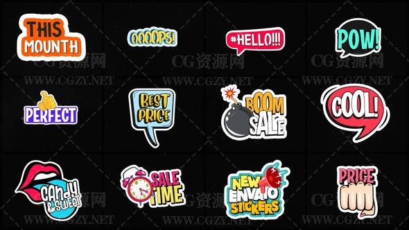 AE模板|综艺卡通花字贴纸标签动画模板 Animated Stickers